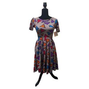 Lula Roe Gray Short-sleeve Amelia Dress with Multicolor Triangles, XXS, NWT